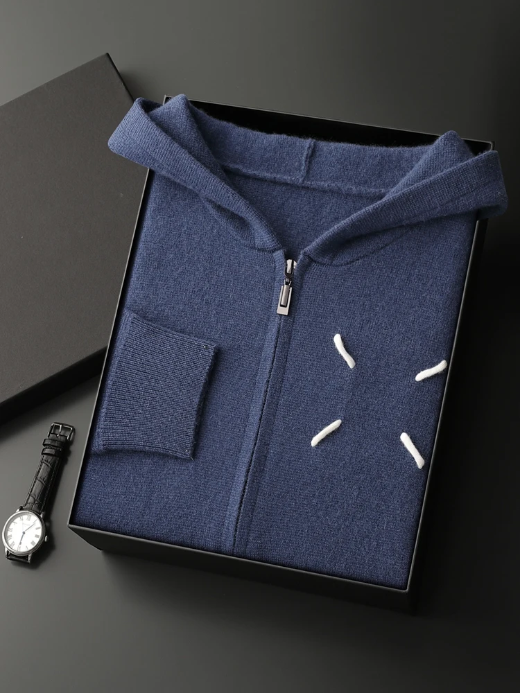 Autumn Winter Men\'s 100% Cashmere Hoodie Sweater Thick Zipper Cardigan Smart Casual Soft Warm Cashmere Knitted Sweater Coat Top