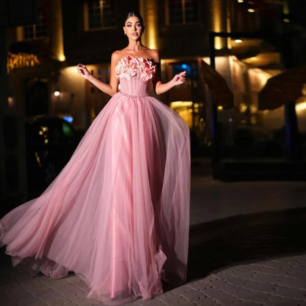 

Customized 3D Flower Strapless Evening Dresses Beaded A Line Tulle Formal Gown Illusion Bohemian Summer Wedding Party Gowns