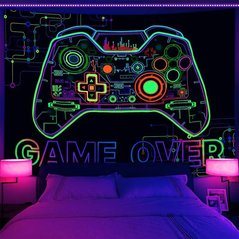 VIKAMA Neon Gamer Tapestry Blacklight UV Reactive Game Controller Glow Dark Wall Hanging Art for Boys Bedroom Gaming Room Decor