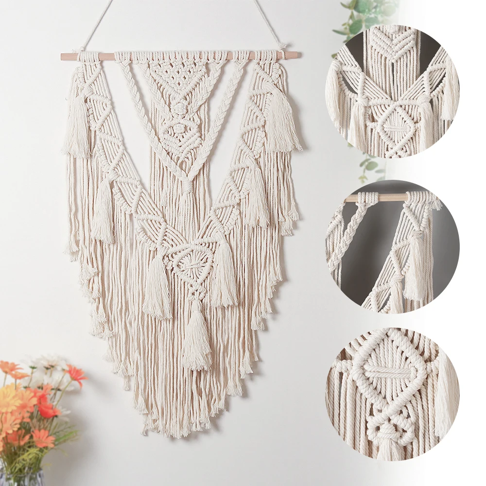 

1Pcs Macrame Handwoven Bohemian Cotton Rope Boho Tapestry Wall Hanging Creamy-White Modern Chic Home Decoration Art Tapestry