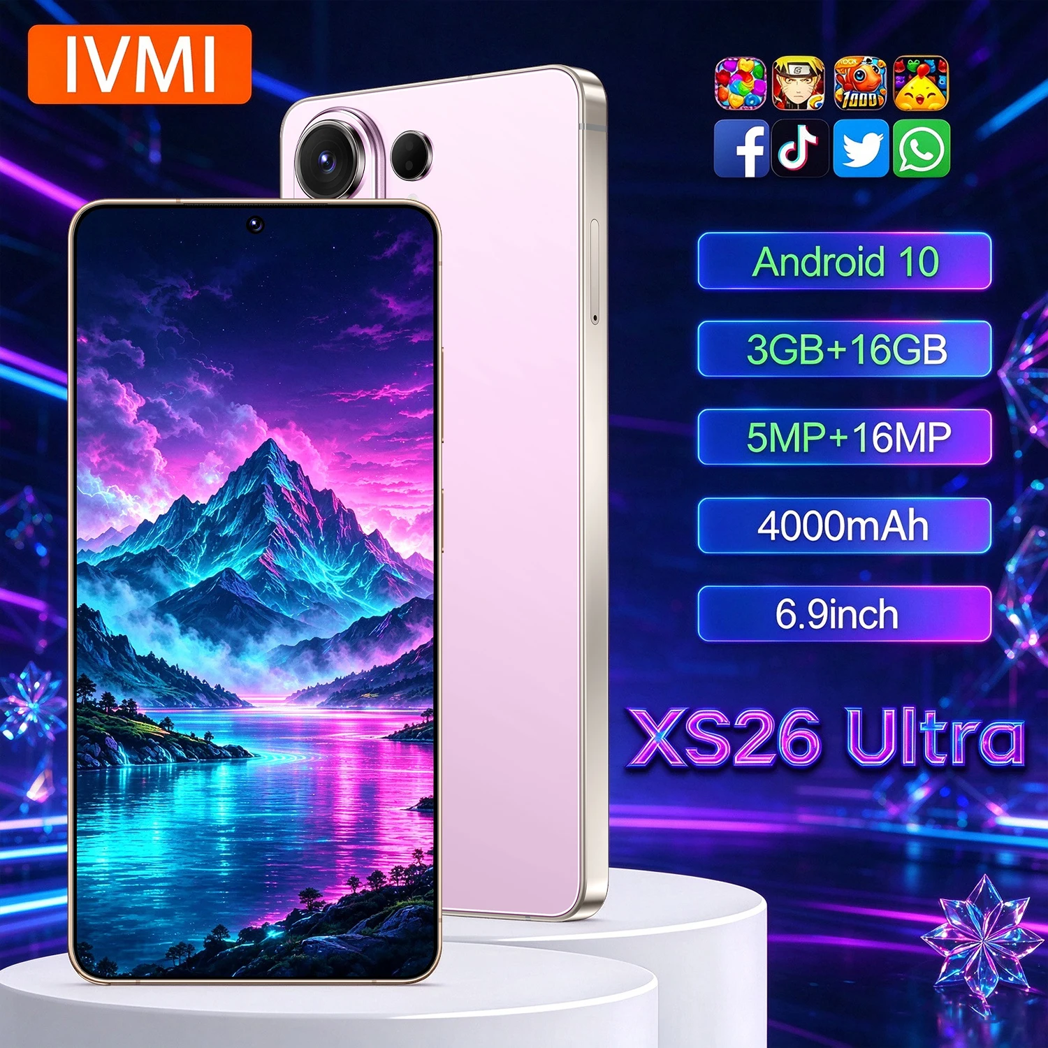 IVMI XS 26Ultra 4G Smartphone 6.9 Inch 3GB+16GB Global Version Android10 Unlocked Dual SIM Budget Cell Phone Support Google Play