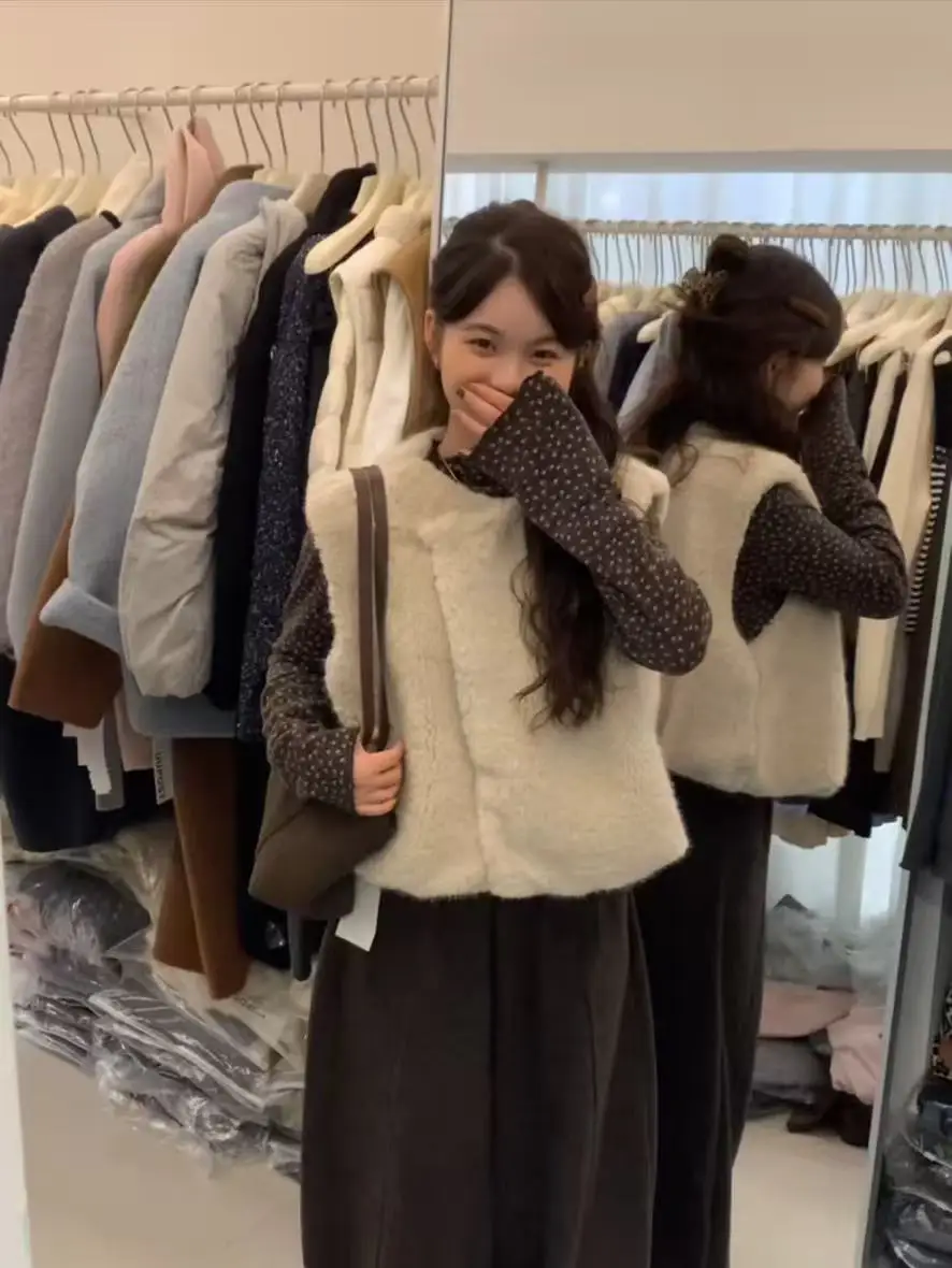 

Корейский мягкий винтажный жилет Plu, женская модная универсальная верхняя одежда, круглый топ из полиэфирного волокна чистого цвета