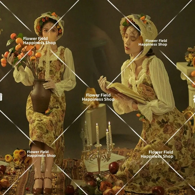 

Ретро-платье с акварельным цветочным принтом для фотостудии, тематическая одежда для художественной портретной съемки, костюм для индивидуальных фотосессий