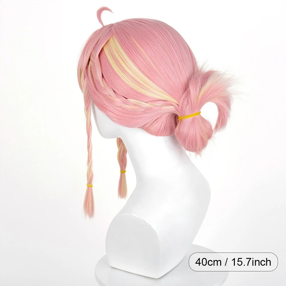 Synthetic Short Straight Pink Ombre Yellow Braided Wigs with Bangs Fluffy Anime Game Cosplay Wig for Daily Party
