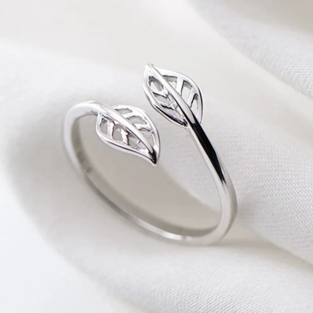 Hot selling new 925 sterling silver fashionable simple personality hollow double tree leaf sweet opening ring wholesale JZ025