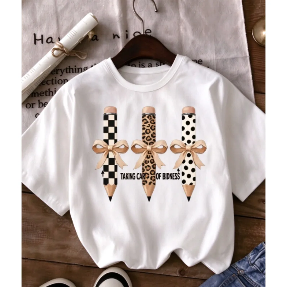Cute Pencil Bow Leopard Checker Dalmatian Print Graphic T Shirt For Women, 3 Styles Decorative Pencils With Beige Short Sleeve