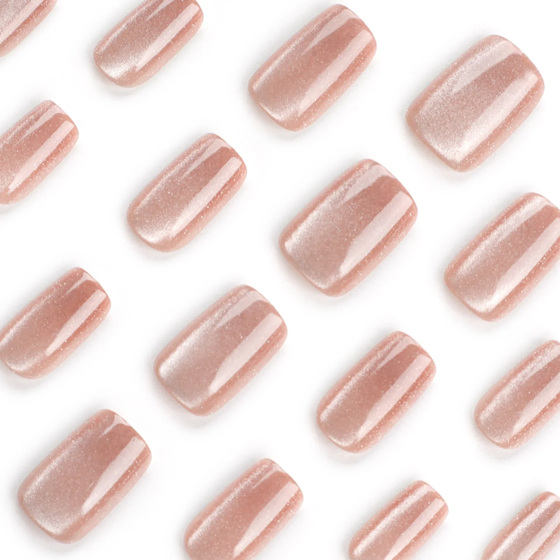 24Pcs Short Cat Eye Fake Nails Trendy Adhesive Glossy Champagne Press on Nails Durable Acrylic Nails Tips Set for Women&Girls