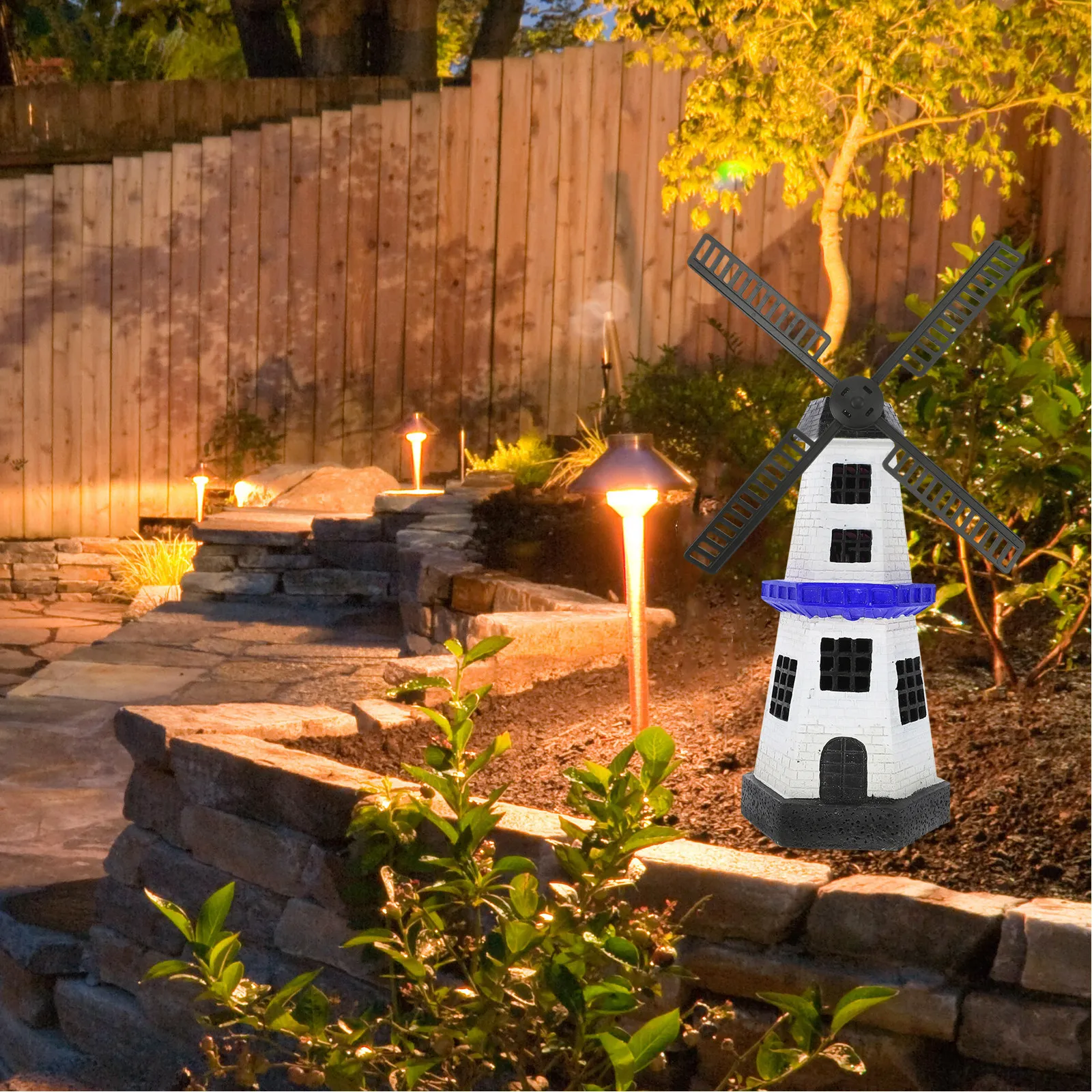 1Set Solar Powered Windmill Lighthouse Garden Decor Stable Plastic Wind Mill Leaf Outdoor Waterproof Yard Windmill Accessories