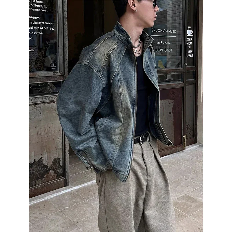 

American High Street Fashion Retro Coat Autumn Motorcycle Heavy Industry Stitching Washed Design Zipper Denim Jacket Men