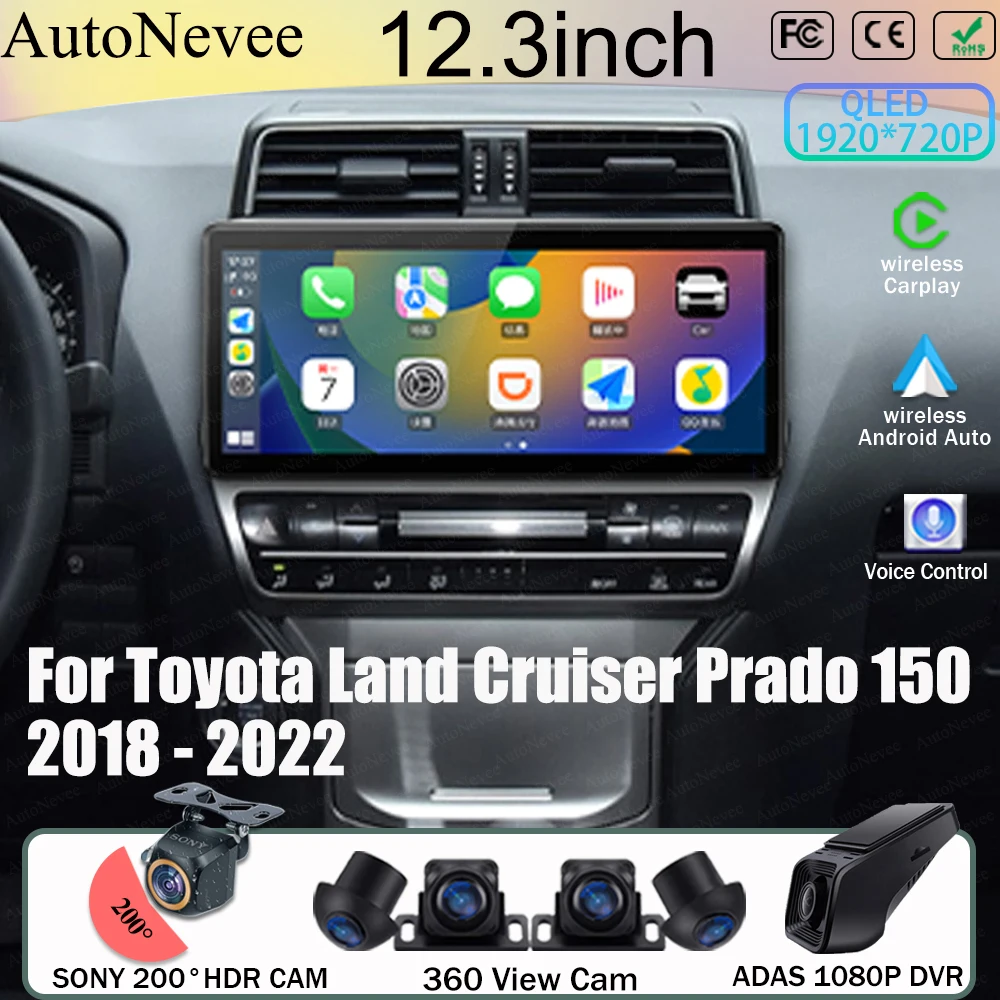 12.3inch Android For Toyota Land Cruiser Prado 150 2018 - 2022 Car DVD Player WIFI Radio Video GPS Bluetooth Touch QLED Screen