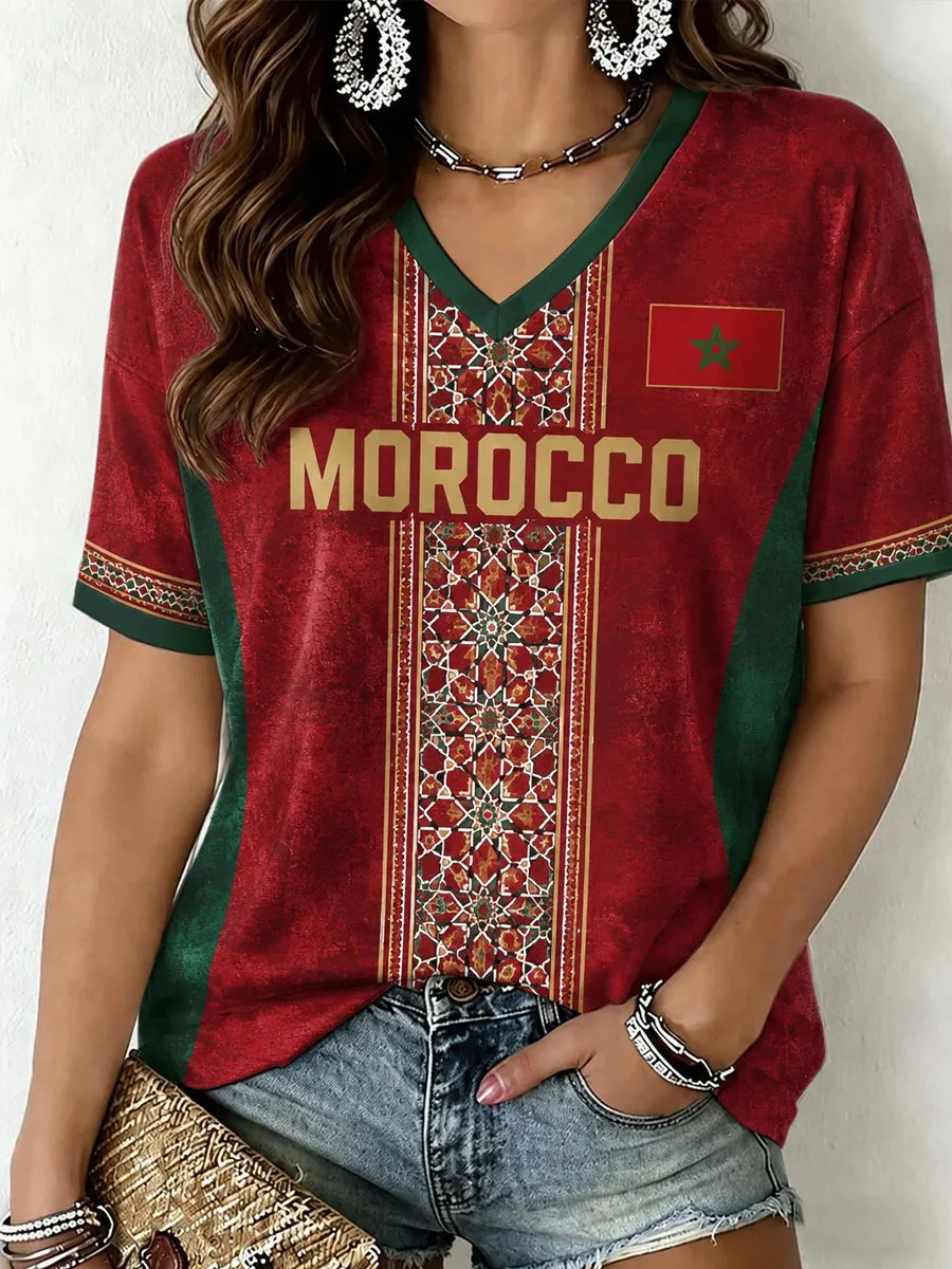 T-shirts à col en V pour femmes, football marocain, t-shirt culturel sur le thème du football