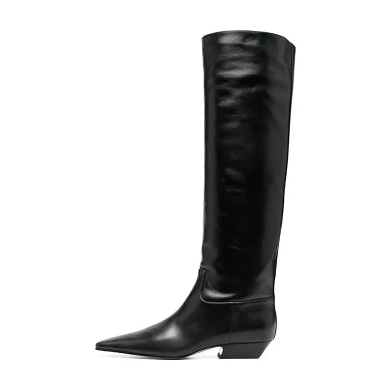 Arden Furtado 2025 Autumn Crocodile grain Patent Leather square-head Slip-on Knee high boots Large size Middle heel Knight boots