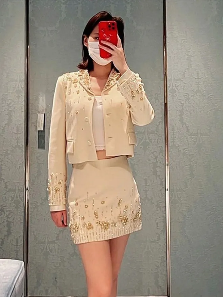 Office Ladies Luxury Diamonds Jacket Skirt Two Piece Set Slim Spring Long Sleece Short Coat High Waist Skirts Women Elegant Sets