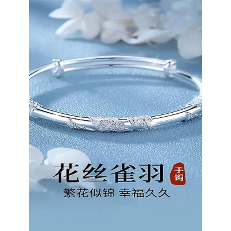 

Bracelet Women S999 Blossoming Flowers Solid Silver Bangle New Year Valentine'S Day Girlfriend