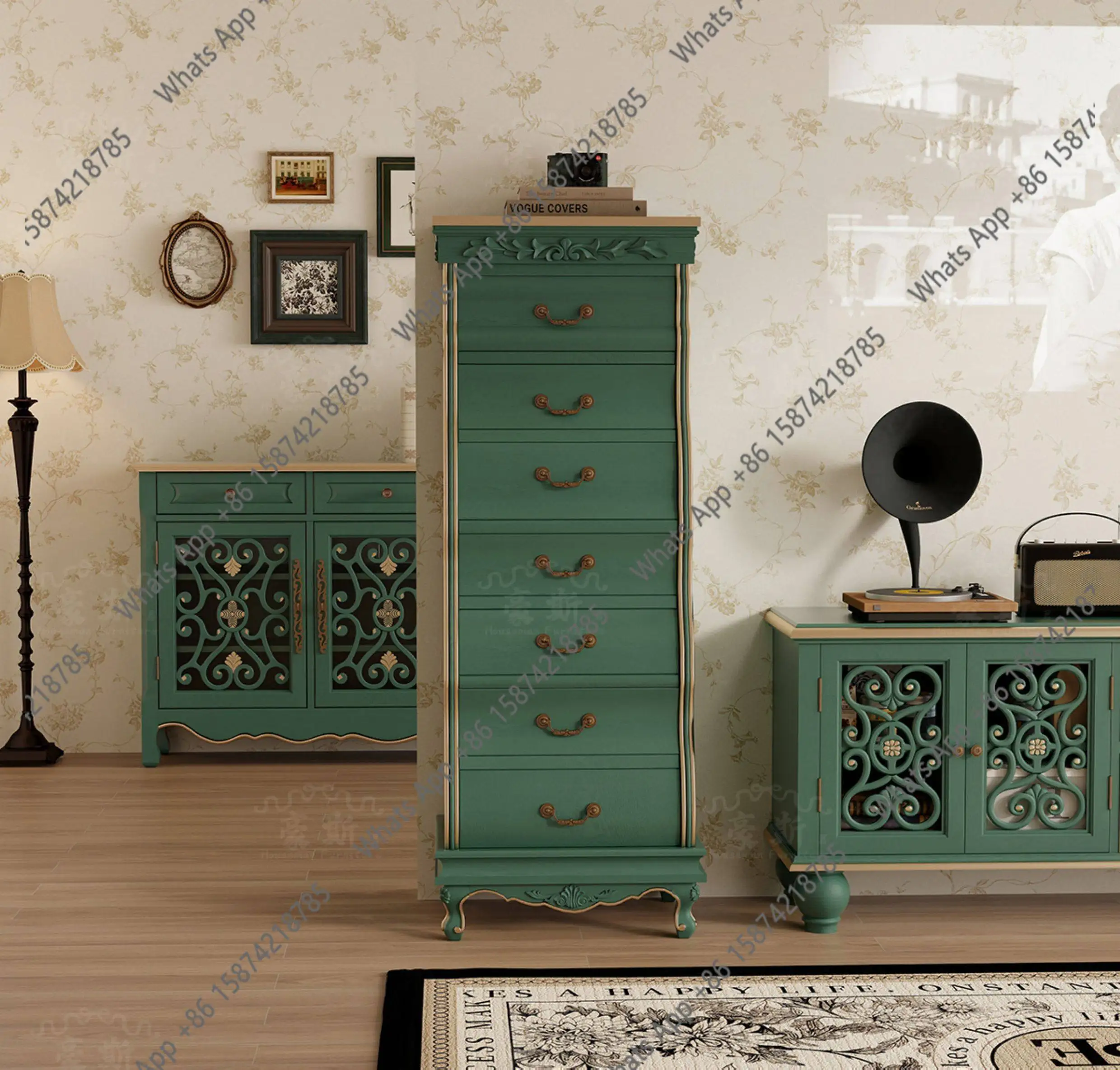 

American retro green chest small apartment solid wood entrance storage cabinet middle ancient ink storage cabinet