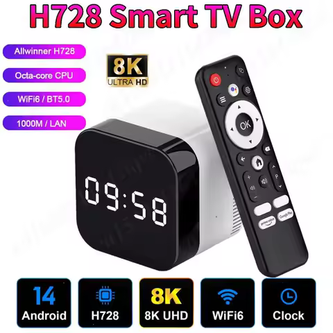 H96Max H728 Smart TV Box Android 14.0 WIFI 6 BT 5.0 Media Player 8K 4K@60fps 1000M/LAN Alarm Clock Android TV Box Set Top Box