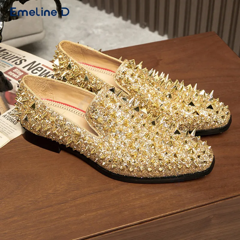 Crystal Studded Slip-On Loafers with Gold Rhinestones Luxurious and Shiny Casual Shoes Business and Fashionable Men's Shoes