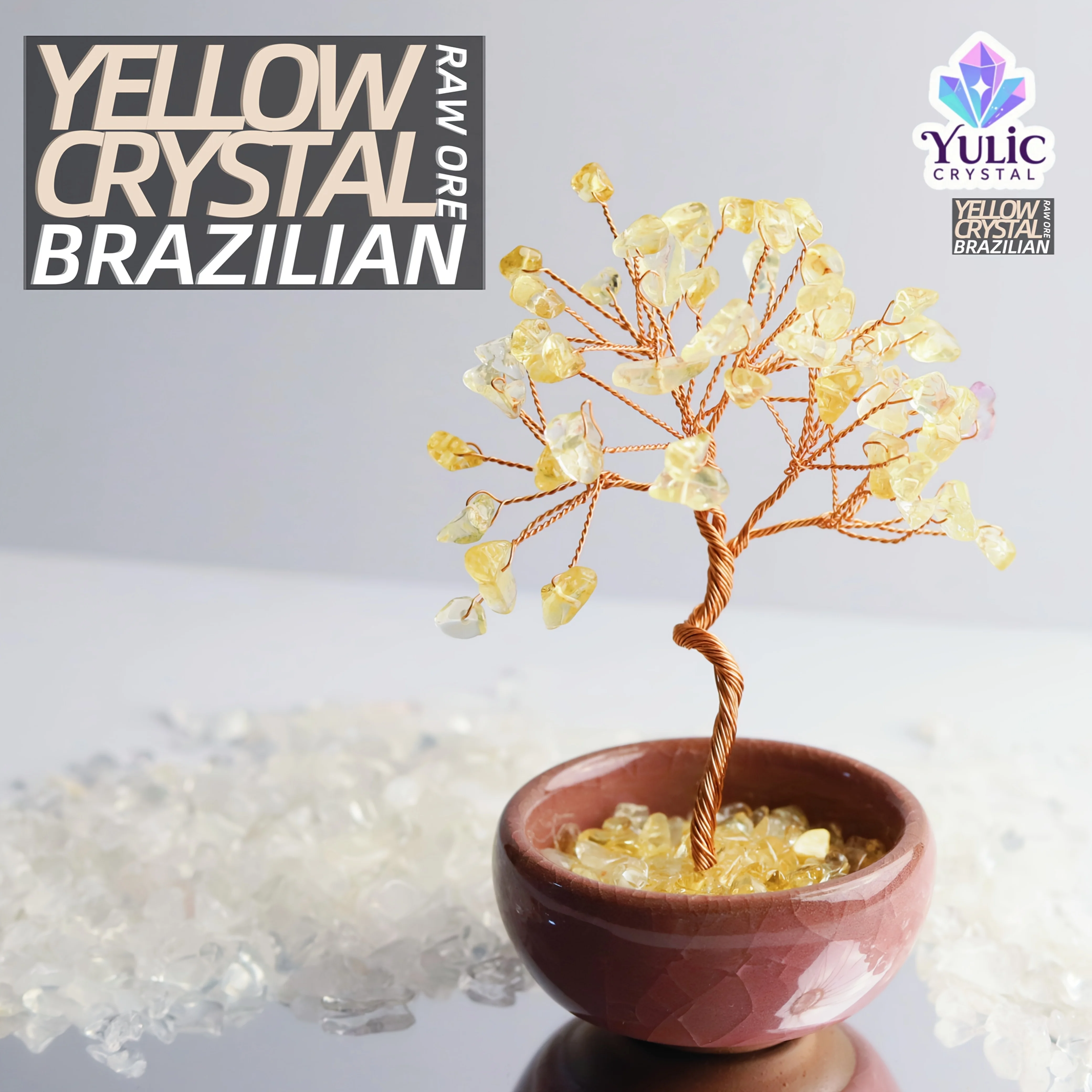 Adorno de árbol de cristal brasileño, 54 CHIPS de cristal, BASE de taza de té ICE-CRACK, decoración de FENG SHUI de 4,72 pulgadas, regalo espiritual de oficina en casa