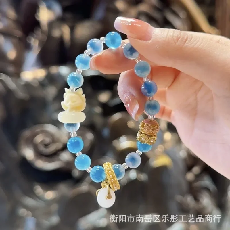 Temple Buddha Incense Ash Temple Lucky Blue Sugar Heart Nine-tailed Fox Glaze Bracelet White Girlfriend Gift Agate Hand String