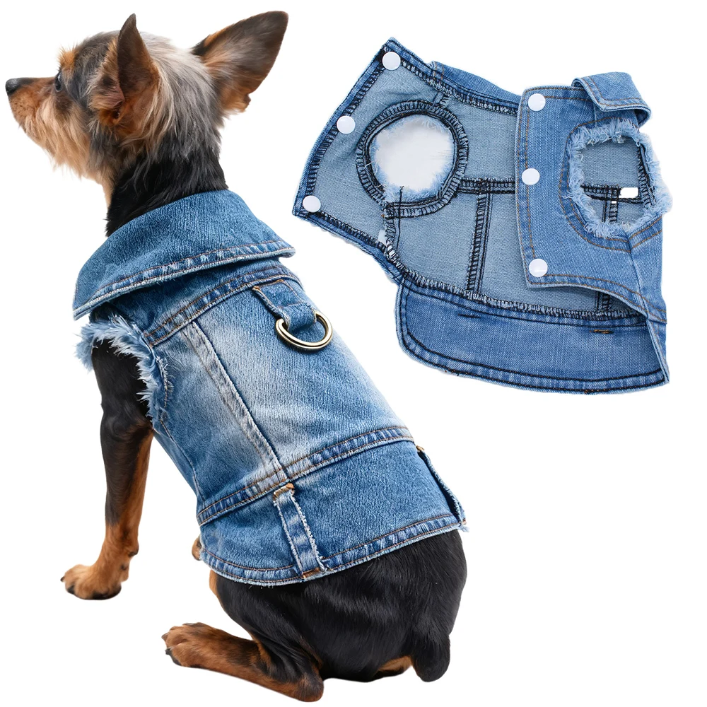 

Cool Dog Jean Jacket Vest with D-Ring Blue Denim Dogs Outfits for Small Medium Dogs Puppy Harness Chihuahua Coat for Walking