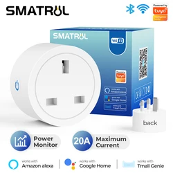 20A Tuya Smart Wifi Plug UK Wireless Control Socket Outlet with Energy Monitering Timer Function Works with Alexa Google Home