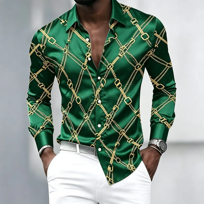 Men's light luxury gold chain printed long sleeved shirt with a lapel, slim fit, no ironing shirt, business casual trendy top