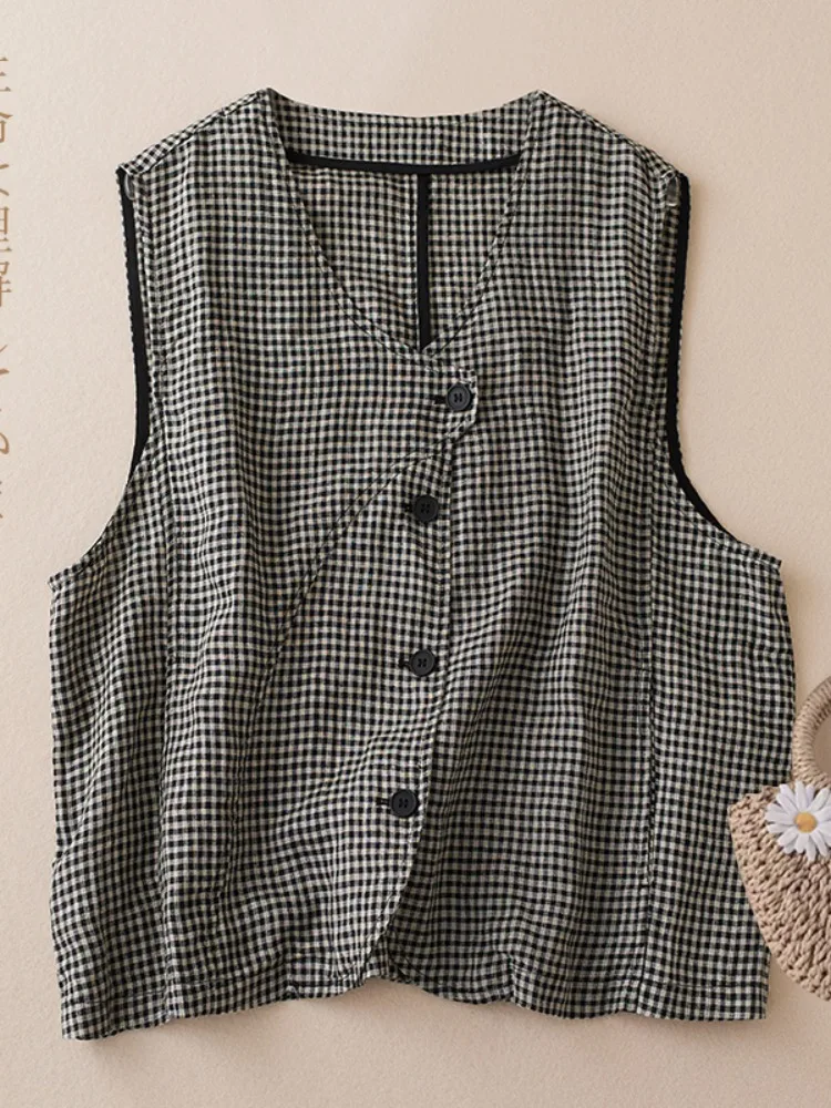 

Summer New Plaid Linen Vest Women's Outerwear V-ne Layered Cotton Linen oulder Pad Vest Commute Sle Regular Length
