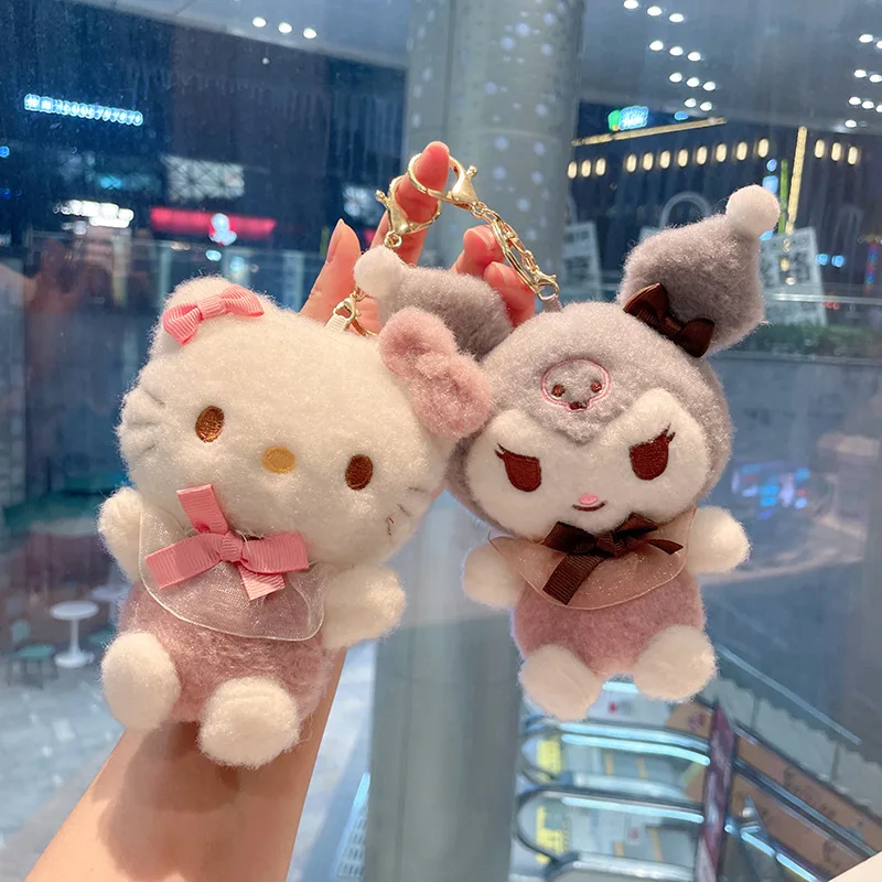 Sanrio Hello Kitty Plush Toys Keychain Cute Kuromi Cinnamoroll Plushie Pendant Keyring Cartoon My Melody Pompom Purin Keychains