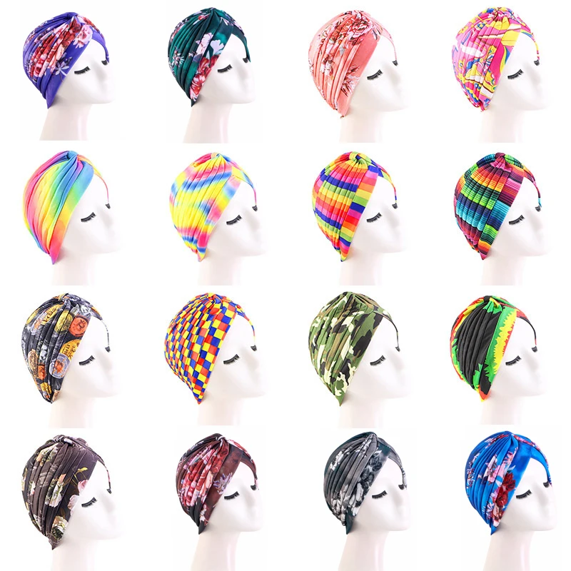 Indian Knotted Turban Print Beanies Women Muslim Hijab Pleated Cancer Chemo Cap Islamic Bonnet Headscarf Hair Loss Cover Skullie