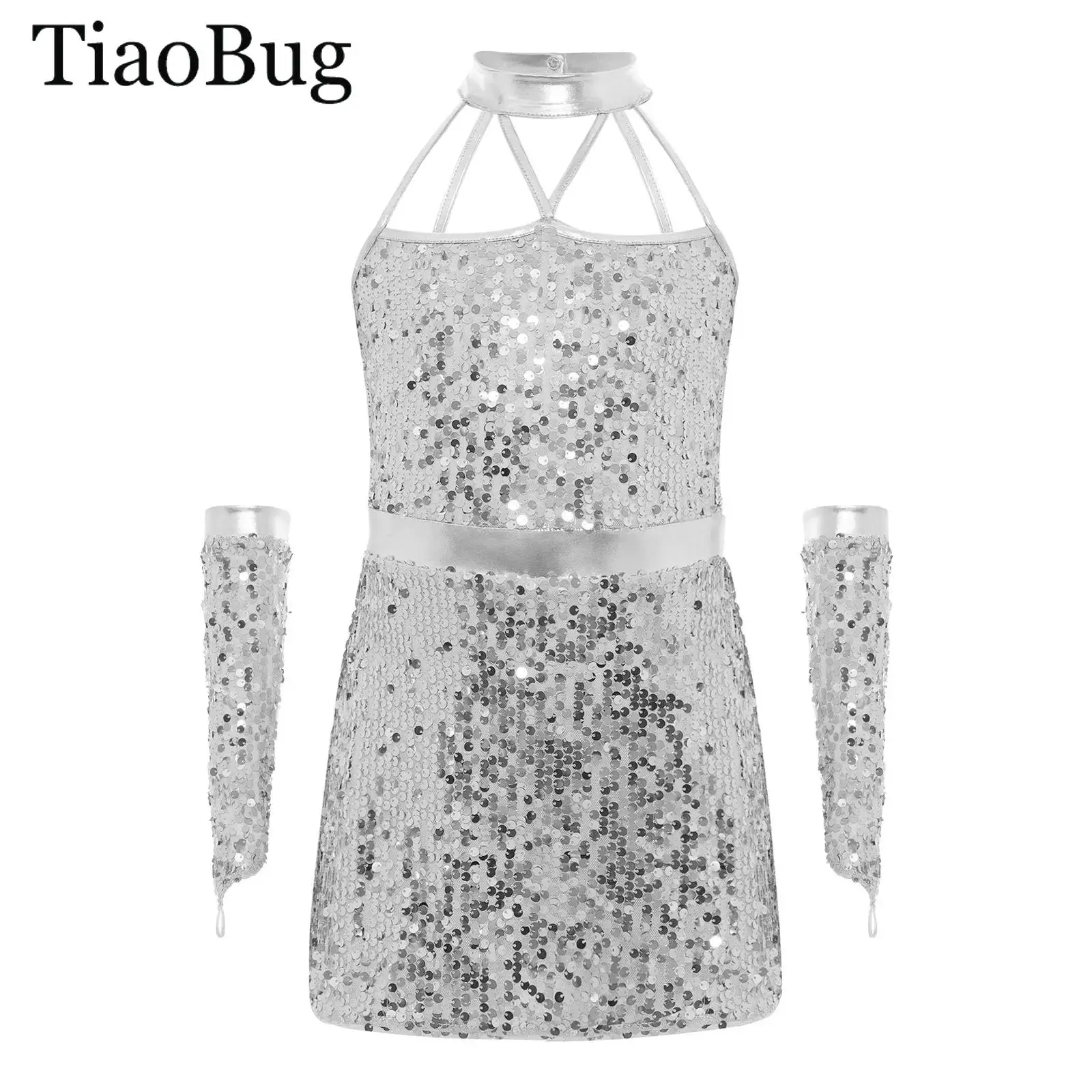 

Детское платье для джазовых танцев без рукавов с блестками и перчатками для девочек, гимнастическое балетное трико для фигурного катания, костюм для выступлений