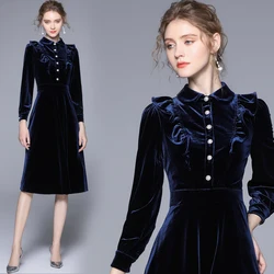 Autumn Winter Runway Blue Velvet Dress Women Long Sleeve Turtleneck Party Dinner Slim High Waist Casual Midi Vestidos Elbise