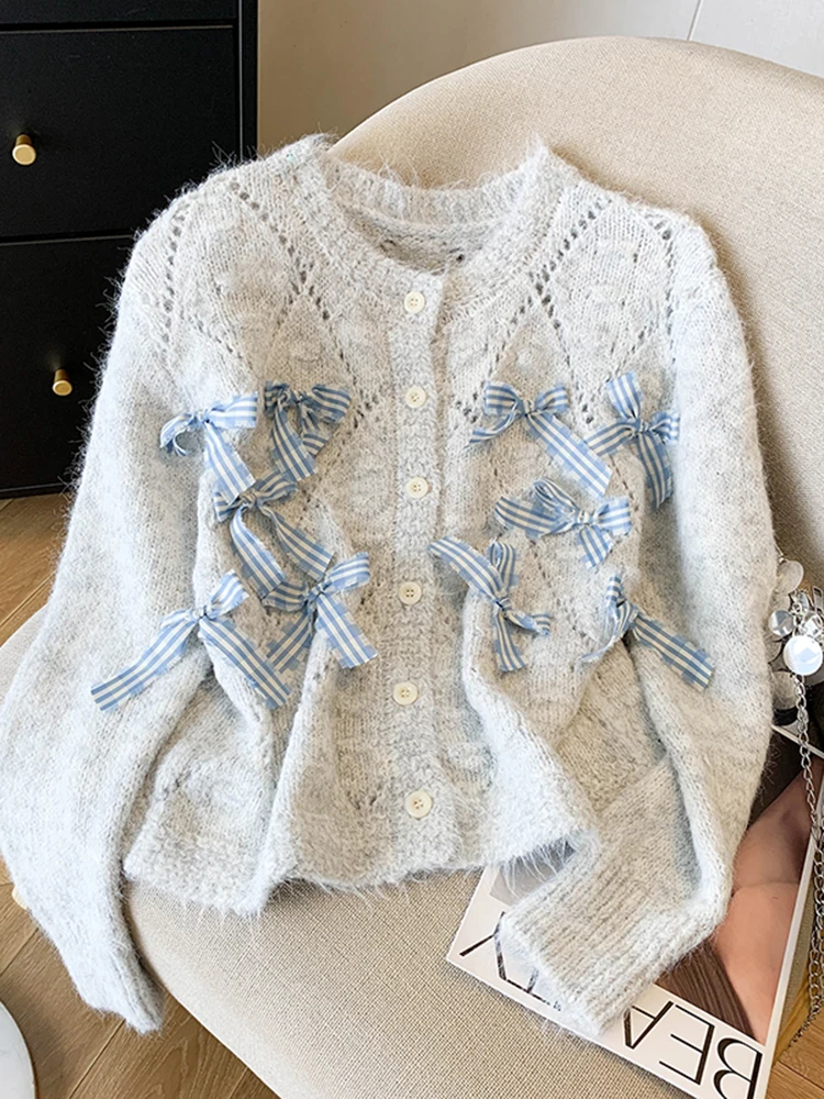 

Sweet Sle Knitted Hollow out Cardigan Women's Spring 2026 round Ne Loose Slimming Sweater Jaet Knot Design