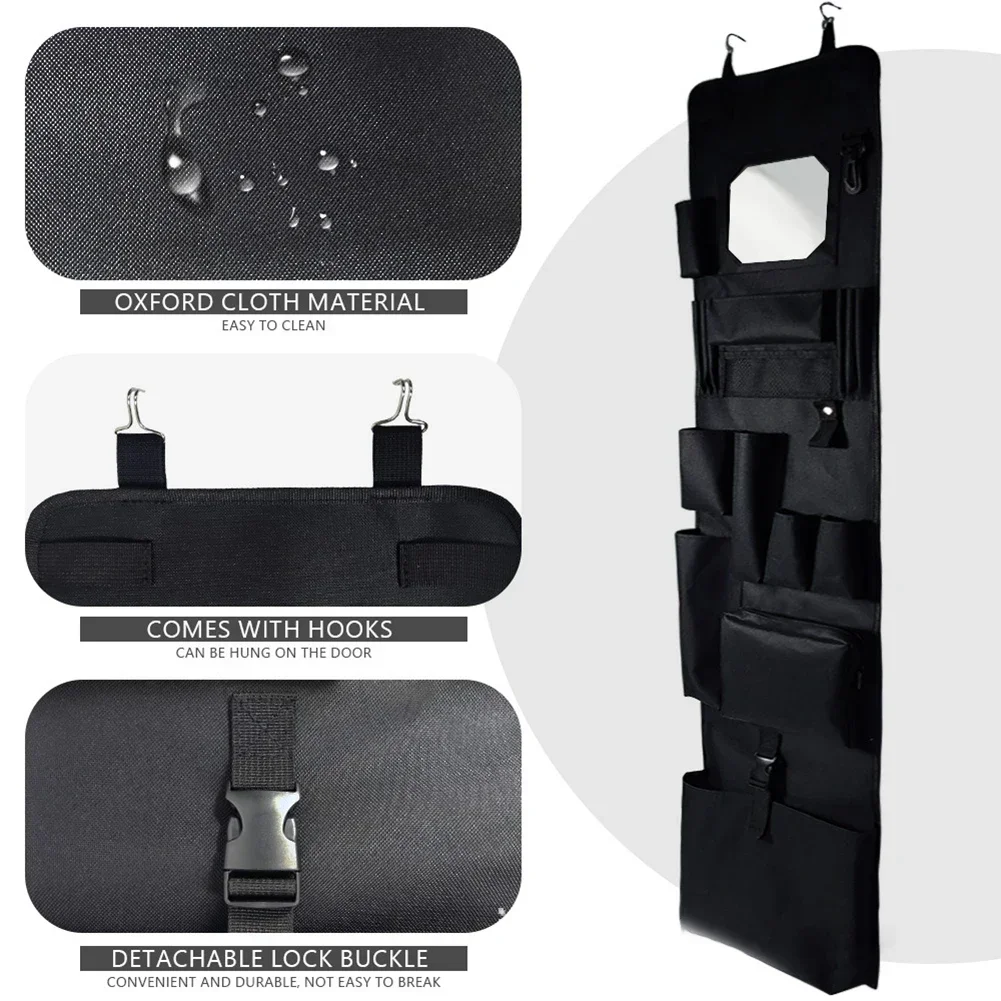 Black Hanging Locker Organizer with Acrylic Mirror and Multiple Storage Pockets for Office School Gym Home 28x132cm