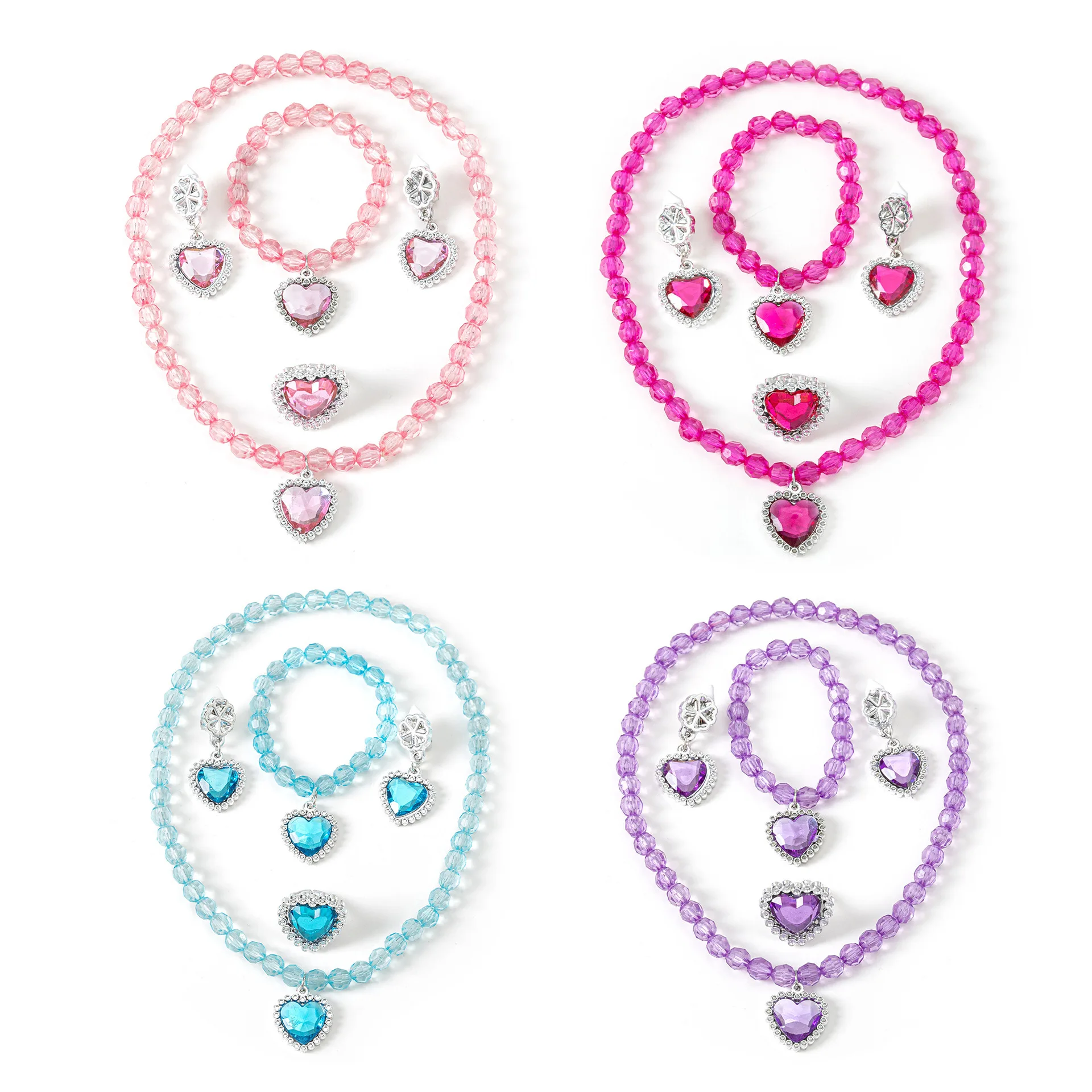 5pcs/set Kids Necklace Love Heart Earrings Bracelet Diamond Ring Set Fashion Sweet Girls Princess Party Dress Up Birthday Gifts