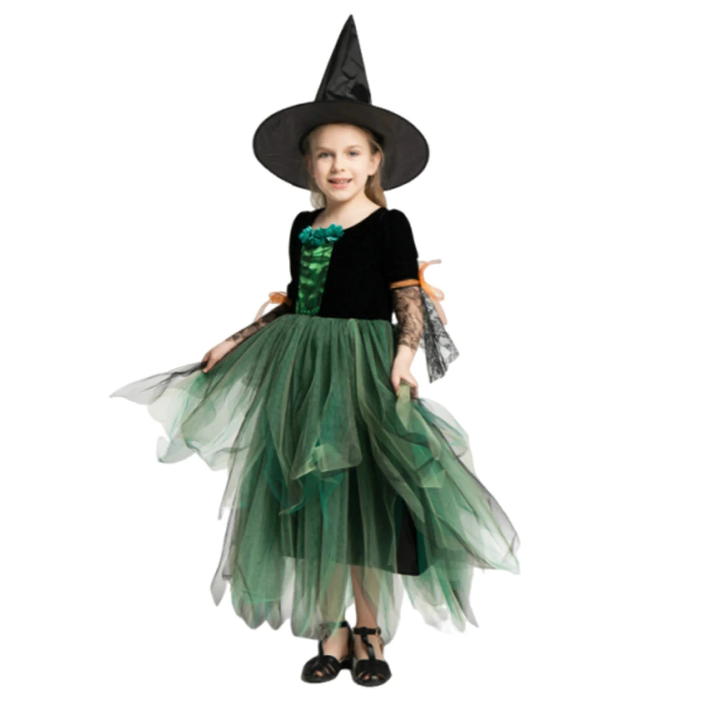 Costume cosplay da strega per bambina, vestito da tutu, cappello, abiti, gonna da principessa in rete verde, performance sul palco, gonne da ballo, festa di Halloween
