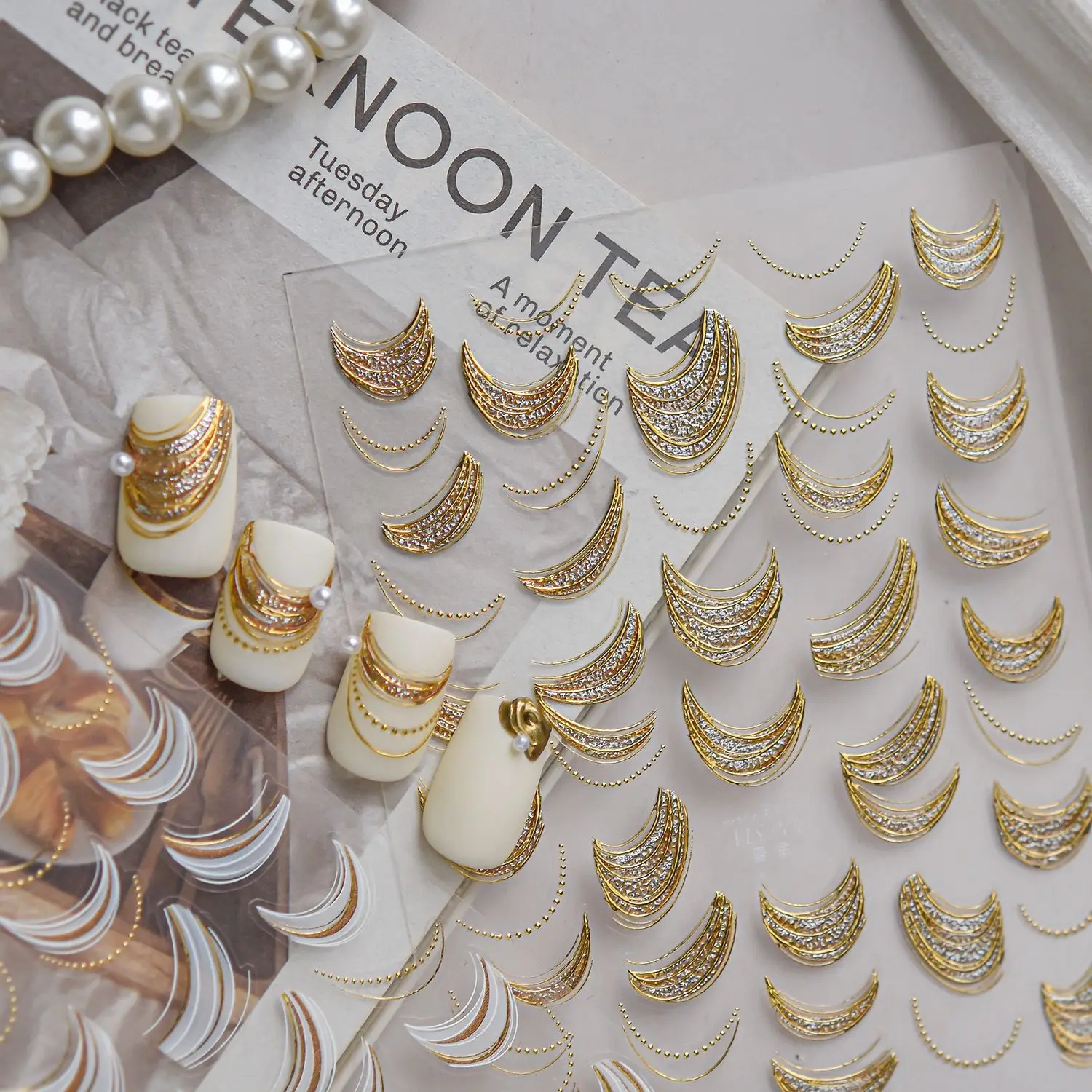 French Gold Ribbon Nail Stickers Luxury Pearl Embellishment Pattern 5D Nail Stickers Self-adhesive DIY Nail Art Decoration Decal