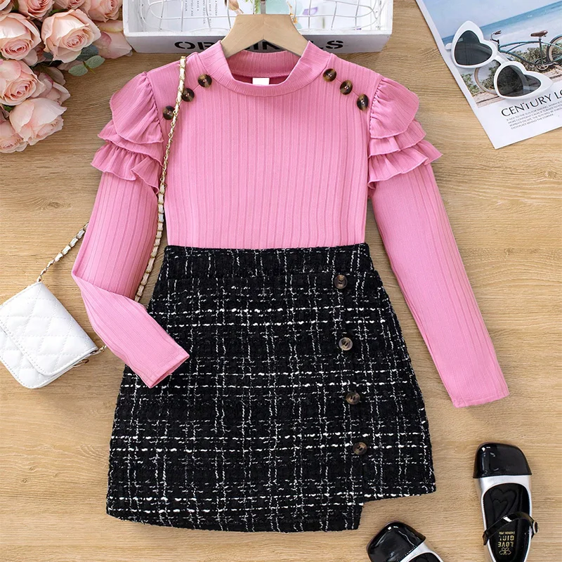 Two Piece Set Of Cute Button Decoration For Autumn And Winter Girls Fluffy Long Sleeved Round Neck Skirt Princess Party Dress