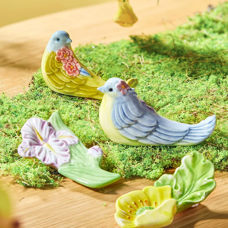 Ceramic art chopsticks, bird language and flower fragrance, high-end 4-person color, chopstick set with small round bowl 1 pair