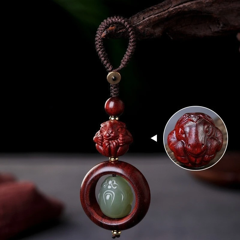 

Red Sandalwood Chinese Zodiac Horse Year Car Keychain Pendant with Hetian Jade Fortune Bead Cloud Charm Gifts