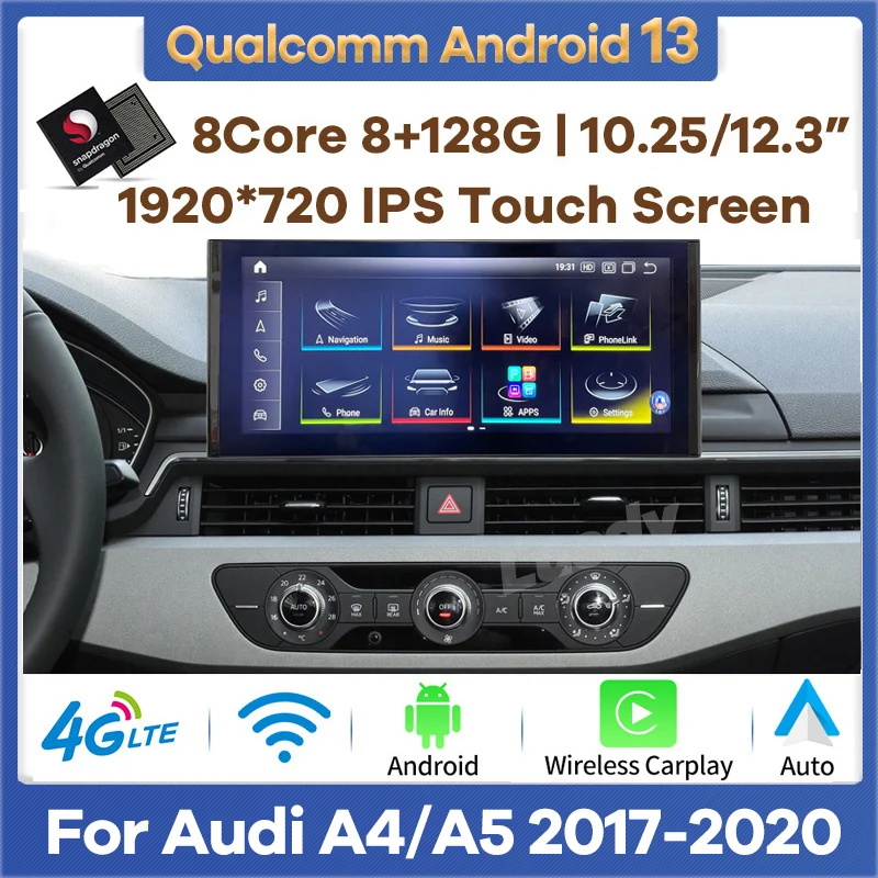 Qualcomm 8+256G Android 13 Car Video Player for Audi A4 B9 A5 2017-2020 Auto Radio Audio Multimedia GPS CarPlay Screen Headunit