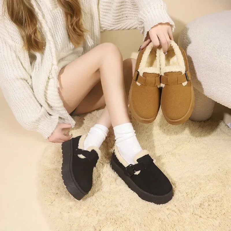 2024 Winter Women Short Plush Warm Snow Boots Casual Shoes New Suede Fur Chelsea Ankle Boots Flats Platform Ladies Shoes Botas