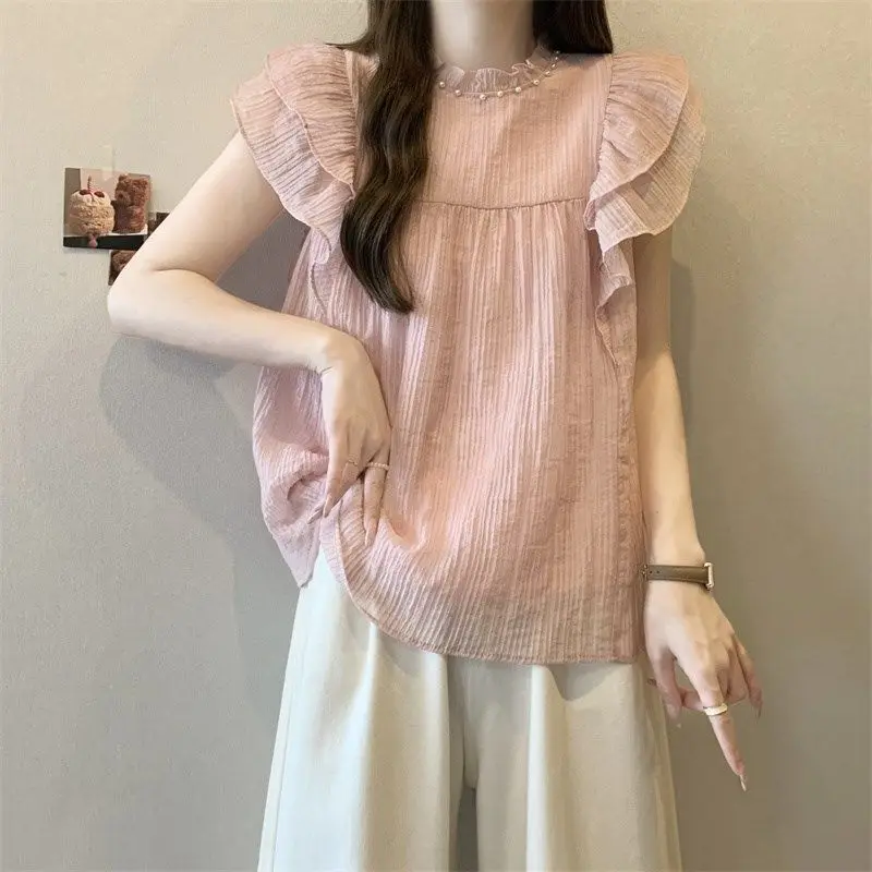 

Pink Flutter Sleeve Chiffon Blouse Women's Summer New Large Size Slimming Short Sleeve T-Shirt Stylish Top