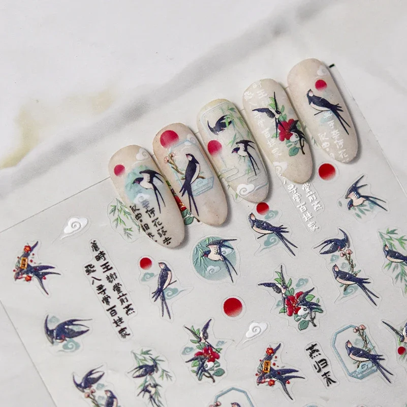 Schwalbe Drachen Frühling grünes Blatt chinesische Wildgänse rotkrönter Kranich rote Sonne neue 5D selbstklebende Nail Art Aufkleber Maniküre Aufkleber