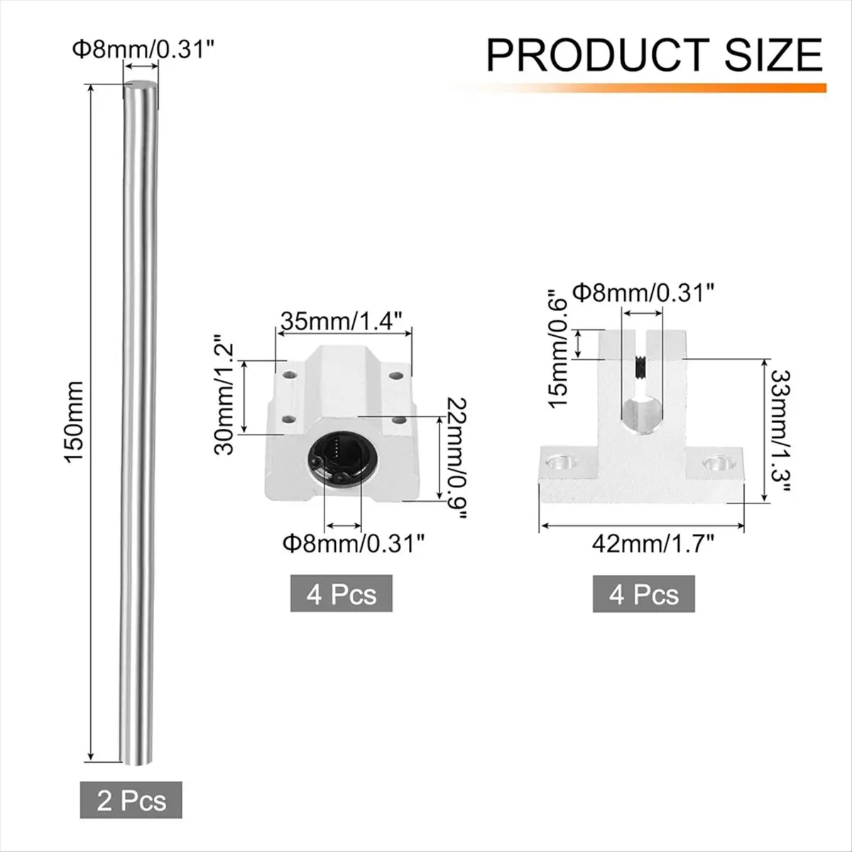 【POPULAR PICK】2 Pcs 8mmx150mm Linear Motion Rail Shaft Slide Guide with 4 Pcs Bearings and 4 Pcs SK8 Rail Support