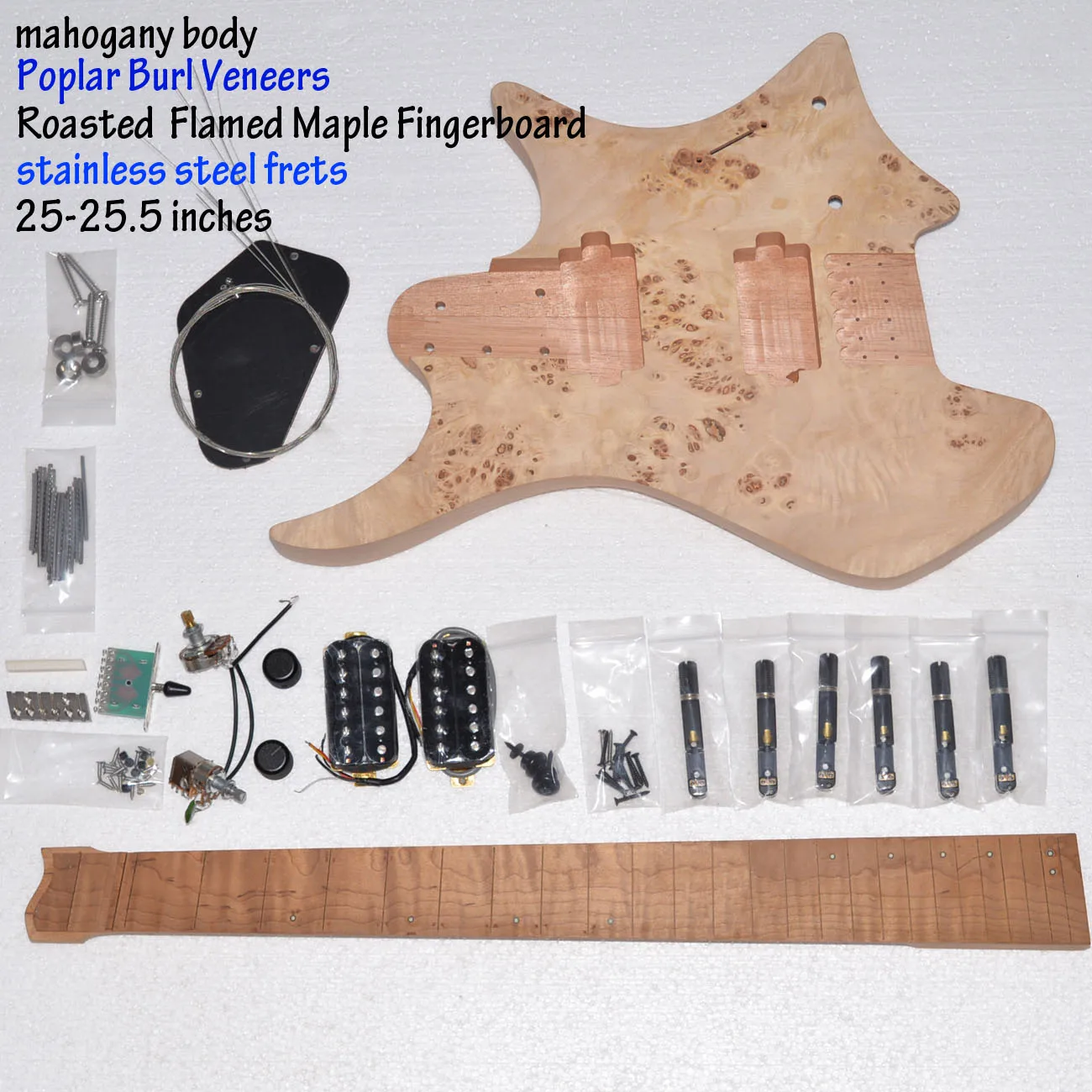 DIY 6 stings Headless Electric Guitar Kit ASH mahogany Body Maple Neck,flame maple Fingerboard,24 Frets,Stainless steel frets