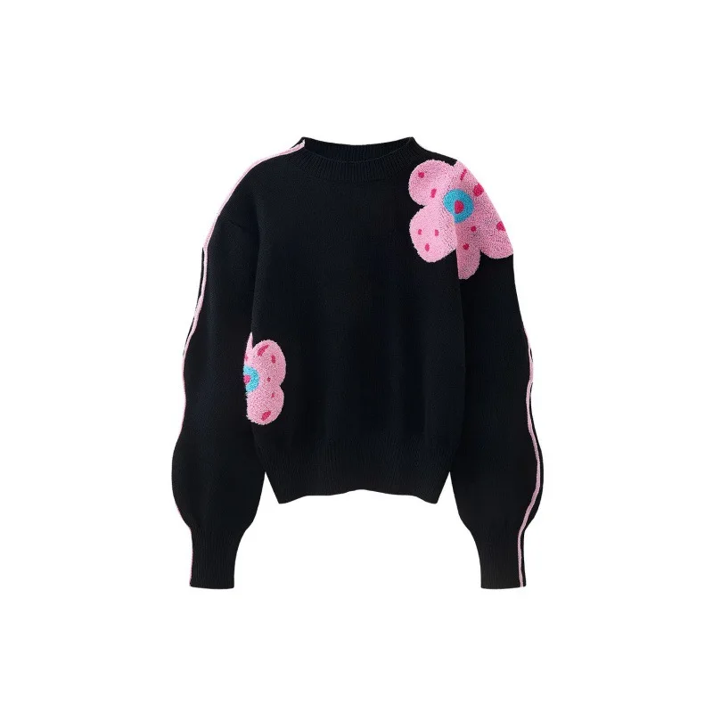 Beautiful Embroidered Black Flower Retro Loose Knitted Sweater Top women  korean fashion  long sleeve top  oversized sweater