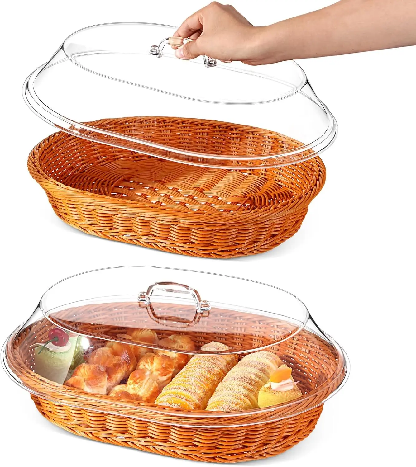 

2-Piece Oval Wicker Bread Basket Set with Lid, Ideal for Serving Fruits and Vegetables Display (15.75 x 11.81 Inch)