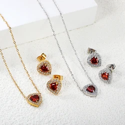 LUXUSTEEL Women's Love Heart Pendants Necklace Earring Sets Cubic Zirconia Stainless Steel Chain Necklace Valentine's Day Gift