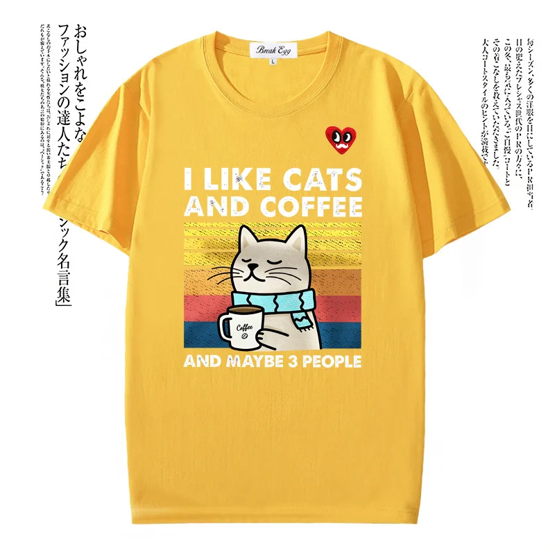 

I Like Cats And Coffee Printing Women T-shirt Red Eyes Beard Heart Embroidery Cotton O-neck Short-sleeved Straight Summer Tee