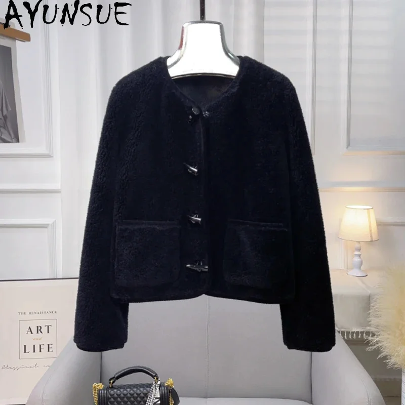 100% AYUNSUE Pure Wool Jackets for Women 2024 Fall Winter Short Sheep Shearing Coat Round Neck Fur Coats Horn Button Casacos